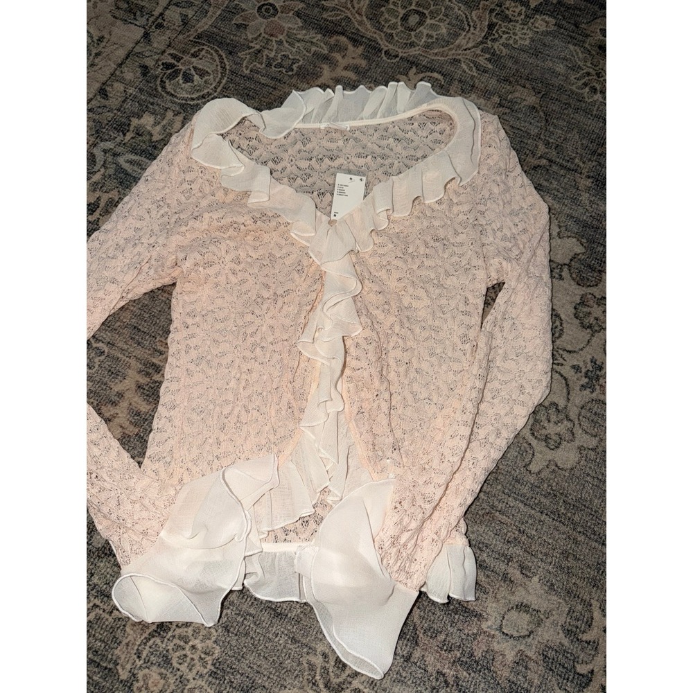 Kimchi Blue Pink Lace Ruffled Sheer Blouse Long Sleeve